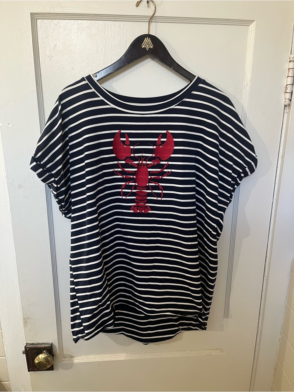 Truself Women's Plus 2XL Navy White Striped Embroidered Lobster Top Tee EUC